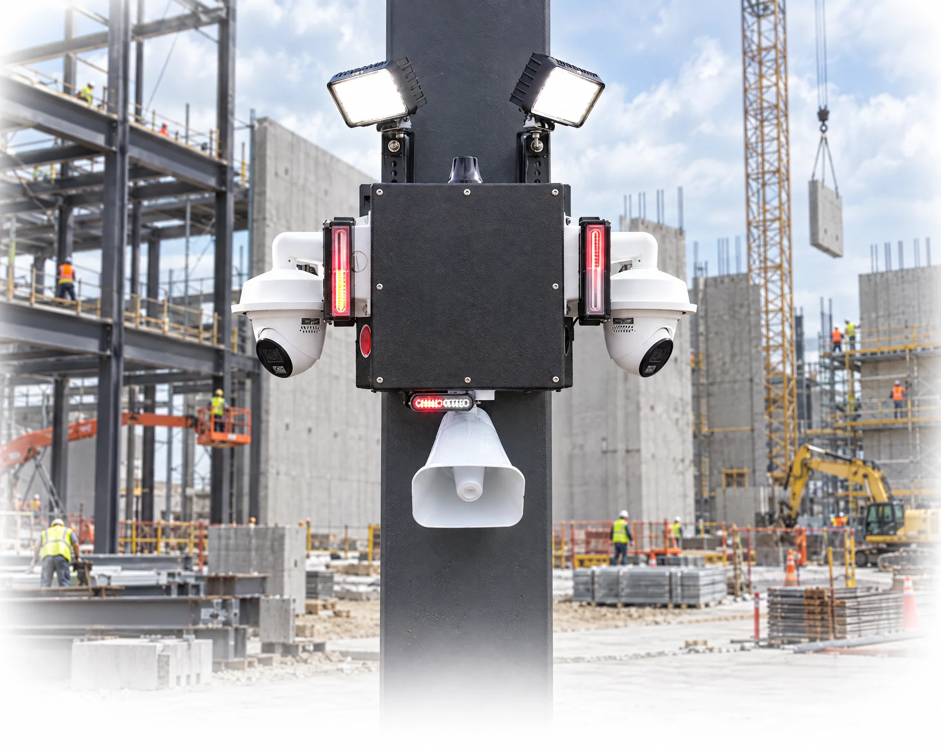 Illustrated AIIRE unit centered on a steel mast at an industrial construction site with structural steel and concrete, fading into white